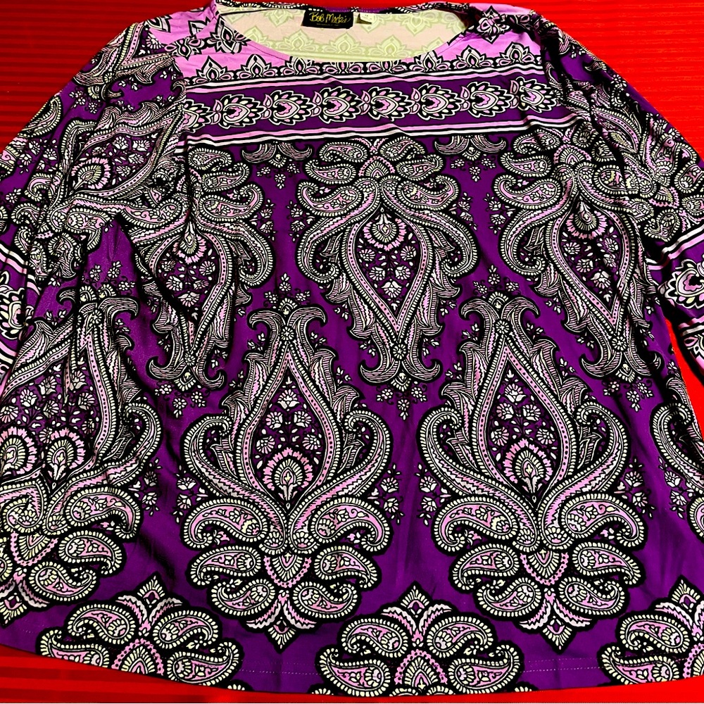 Pre-Owned Purple Paisley Bob Mackie Wearable Art 3/4 Sleeve Top